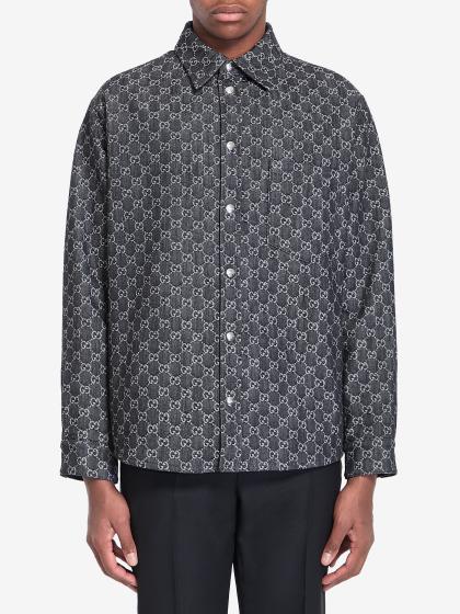 Camicia reversibile in lana e denim GG