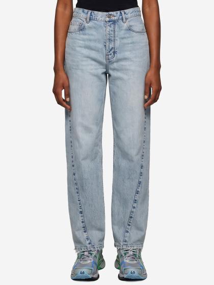 Jeans con cuciture ritorte in blu chiaro decolorato