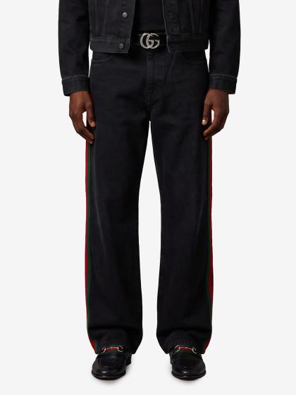 Pantalone baggy in denim di cotone con inserto Web
